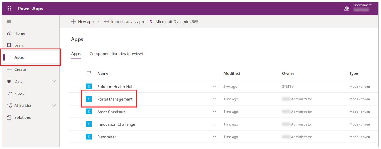 A opção de menu Aplicativos do Power Apps com o aplicativo Gerenciamento do Portal selecionado.