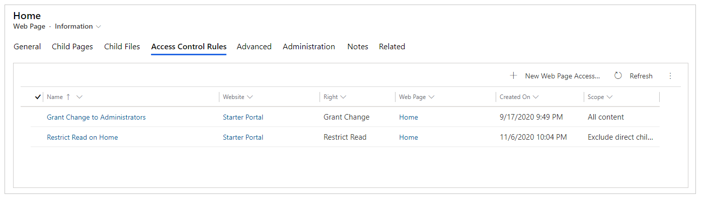 Exibir regras de controle de acesso à página da Web.