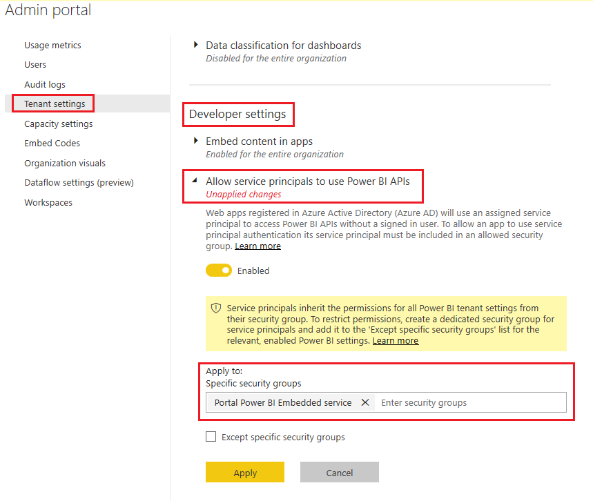 Adicionar grupo de segurança no portal de administração do Power BI.