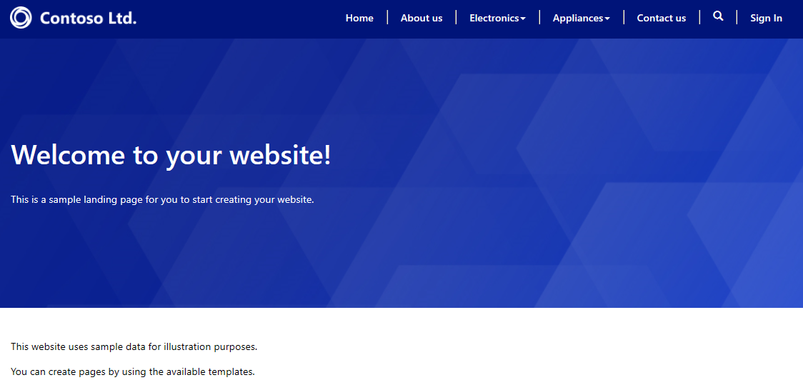 Captura de tela da visualização de um site da Conteso Ltd. Há uma mensagem exibida na parte inferior que informa: Este site usa dados de exemplo para fins ilustrativos. Você pode criar páginas usando os modelos disponíveis.