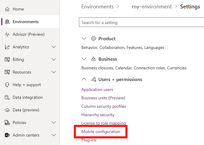 Captura de tela que mostra onde a opção Configuração móvel está localizada nas configurações do ambiente.