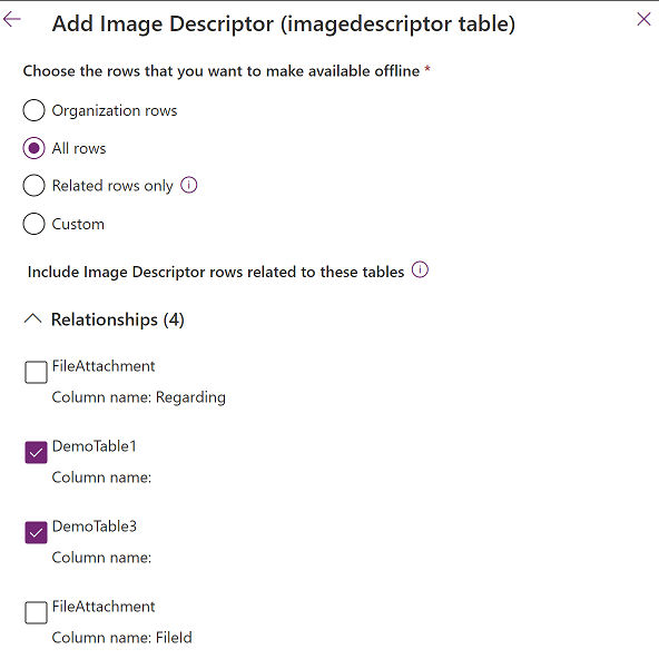 Captura de tela que mostra as configurações da tabela Descritor de Imagem.