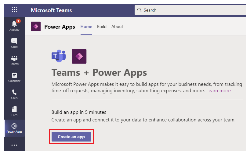 Criar um aplicativo a partir da home page do Power Apps.