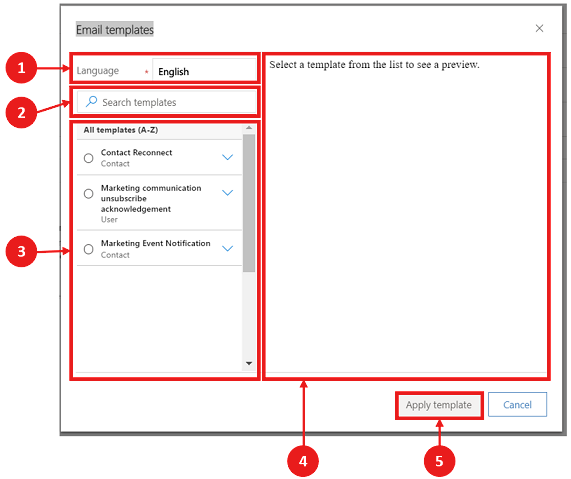 Janela de seleção do modelo de email.