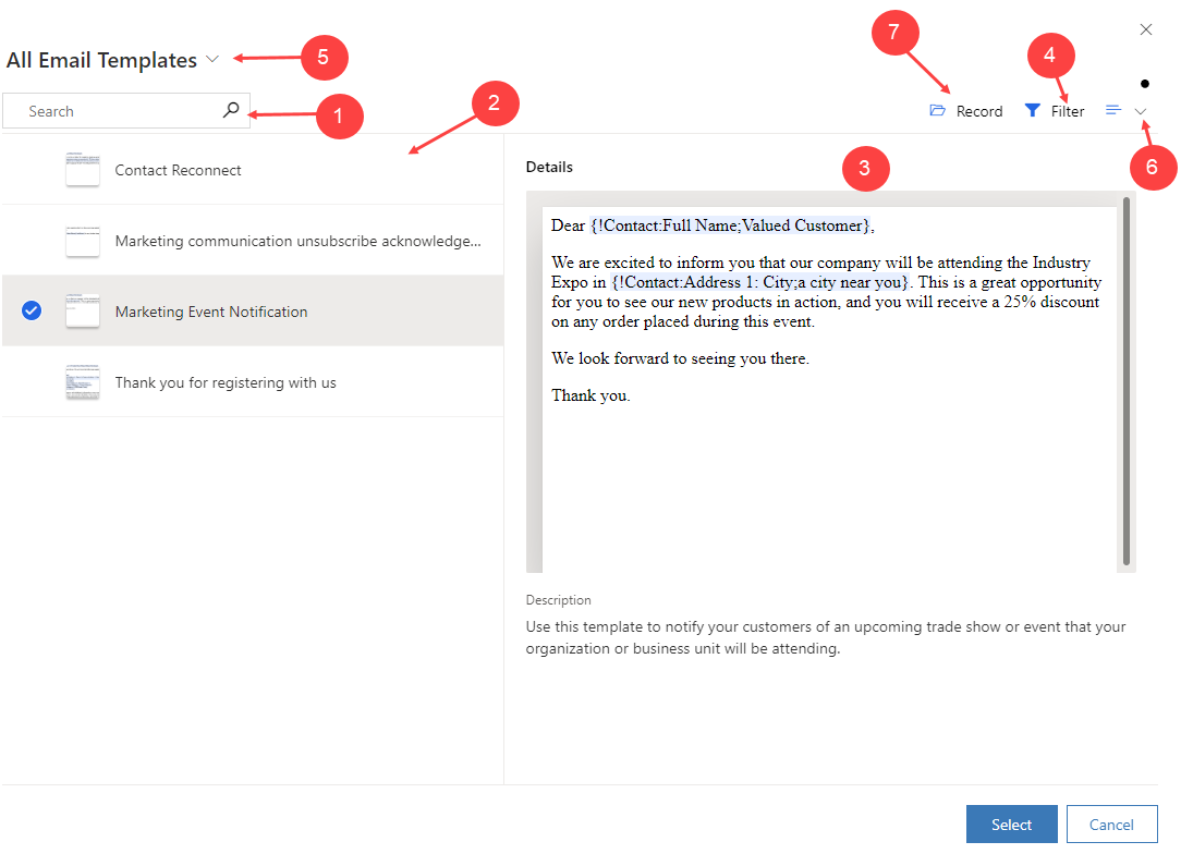 Janela de seleção do modelo de email avançado.