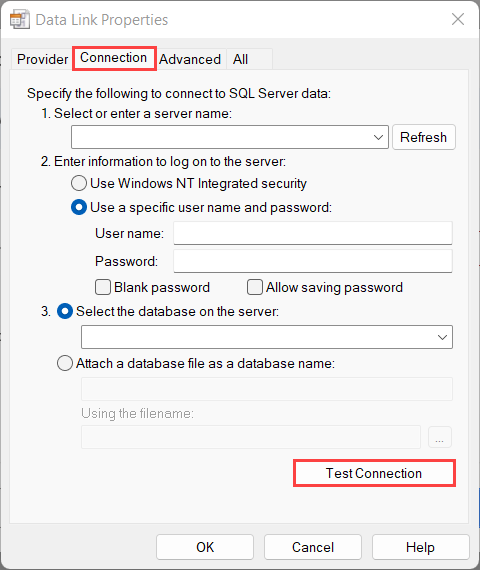 Captura de tela da guia de conexão Propriedades do link de dados.