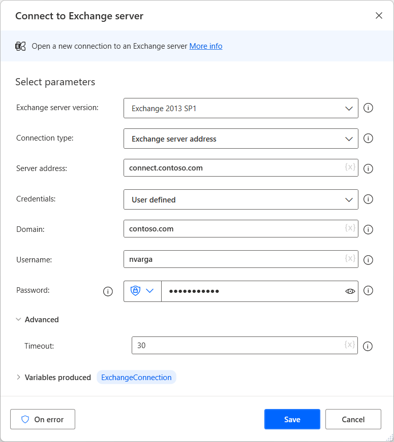 Captura de tela da ação Conectar-se ao Exchange Server.