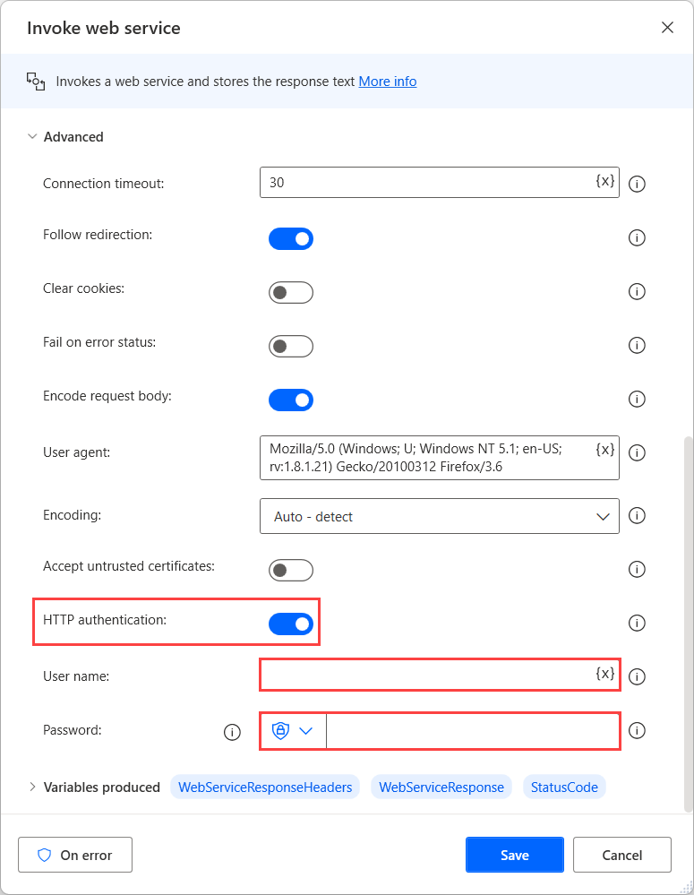 Captura de tela das configurações avançadas da ação invocar serviço Web.