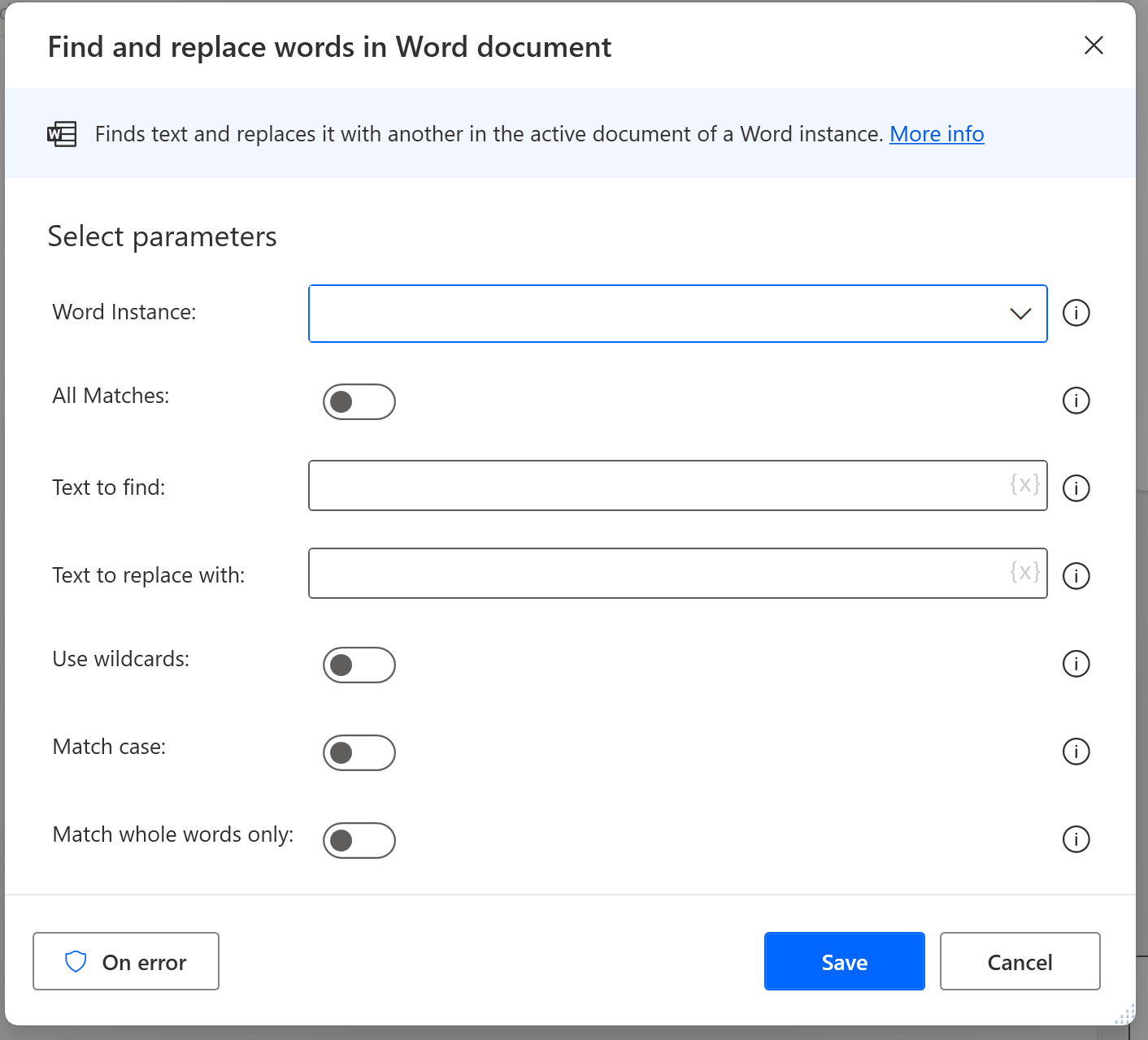 Captura de tela da ação para localizar um texto e substituí-lo em uma instância do Word