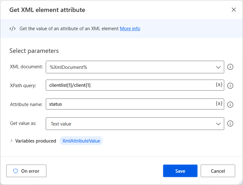 Captura de tela da ação Obter atributo de XML.