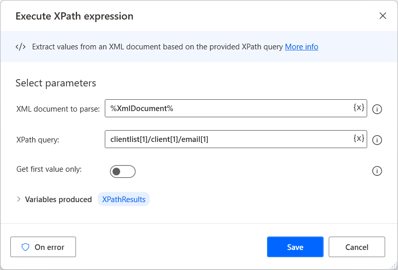 Captura de tela da ação Executar expressão XPath.