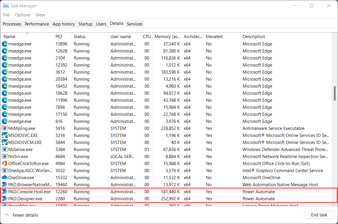 Captura de tela dos processos do Power Automate no Gerenciador de Tarefas do Windows.