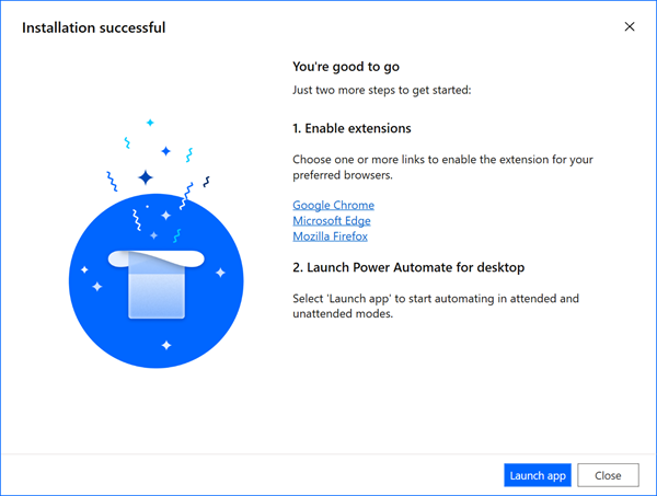 Captura de tela da confirmação de êxito na instalação do Power Automate para desktop.