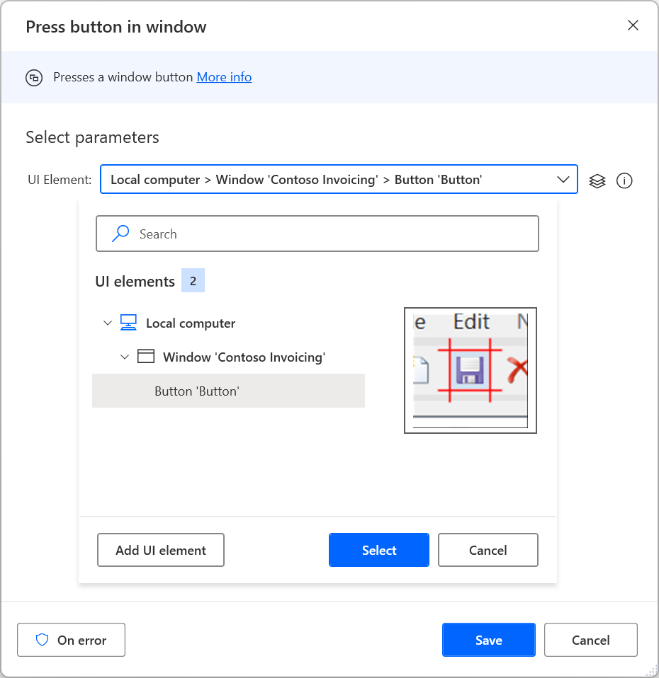 Captura de tela dos elementos de interface do usuário disponíveis no botão Pressionar na ação da janela.