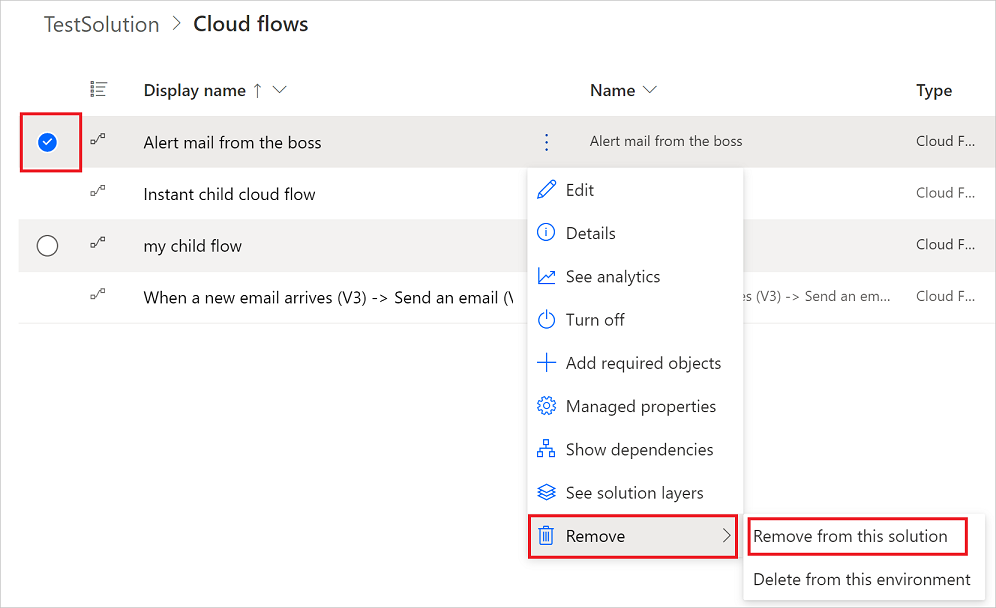 Uma captura de tela que mostra a opção de remover um fluxo de uma solução realçada.
