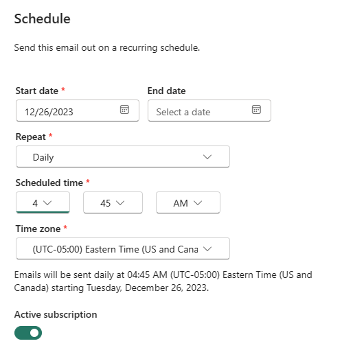 Captura de tela do serviço do Power BI mostrando a janela Agendamento.