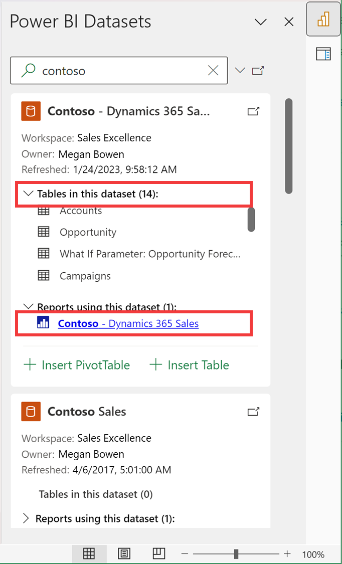 Captura de tela mostrando a lista do modelo semântico do Power BI no Excel.