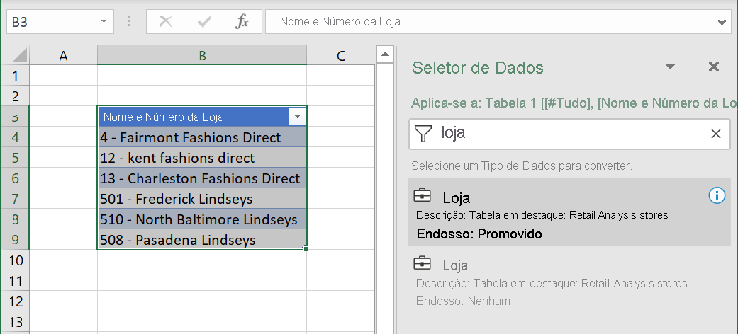 Screenshot of Excel Organizational Data, Suppliers data type table.