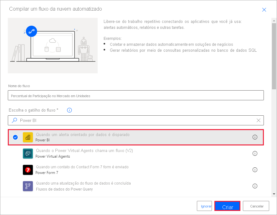 Screenshot of the Build an automated flow screen.