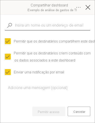 Captura de tela da caixa de diálogo Compartilhar dashboard