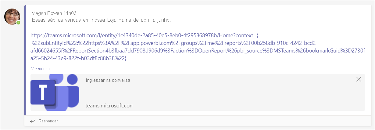 Screenshot that shows the Microsoft Teams conversation with a link to a Power BI item.