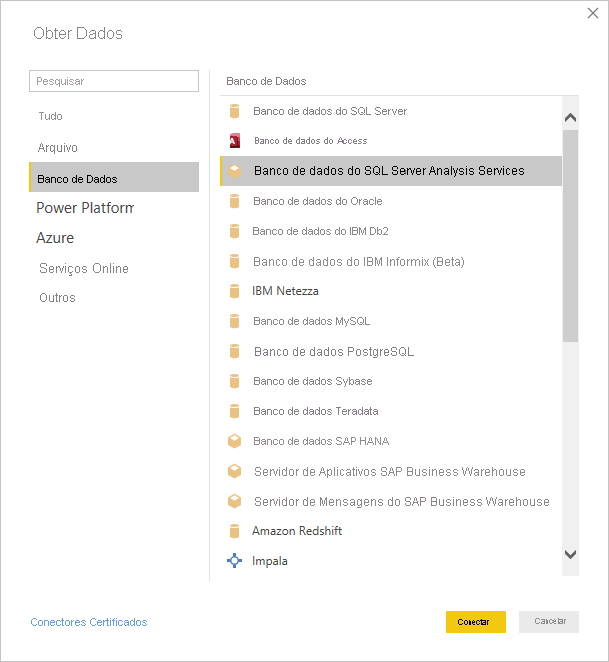 A captura de tela mostra a caixa de diálogo Obter dados com o banco de dados do SQL Server Analysis Services selecionado.