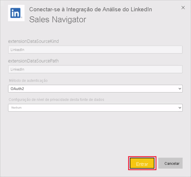 A captura de tela mostra uma caixa de diálogo na qual você pode fazer login para se conectar ao LinkedIn.