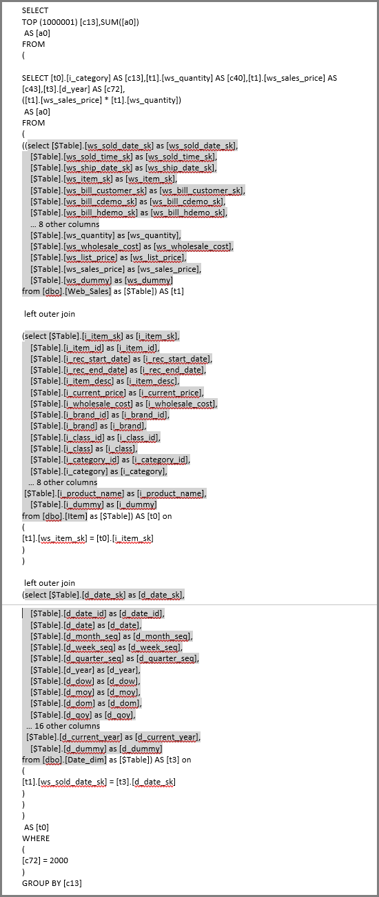 Captura de tela da consulta SQL usada conforme fornecido.