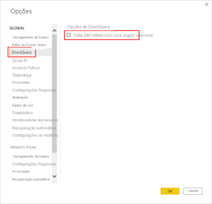 Screenshot of the Options dialog, showing the DirectQuery options.