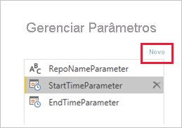 Captura de tela que mostra Novo para criar outro parâmetro.