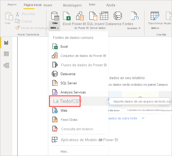 Screenshot of the Get Data ribbon in Power BI Desktop, showing the CSV selection.