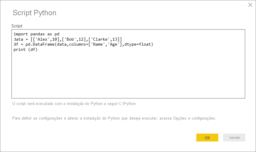 Captura de tela que mostra a colagem do script Python de exemplo na caixa de diálogo Script do Python.