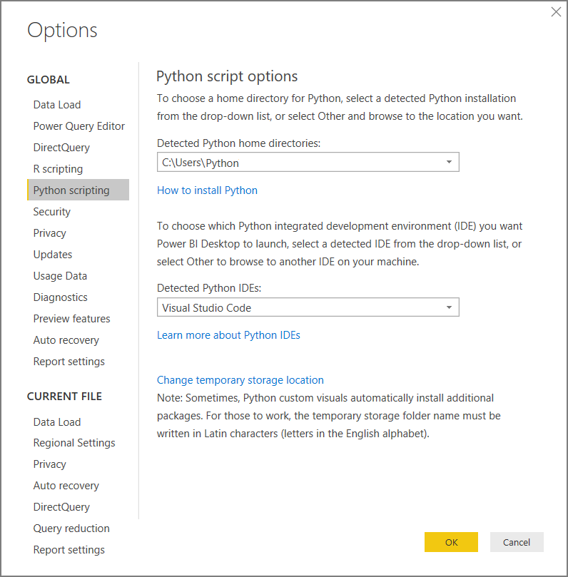 Captura de tela que mostra as opções de script do Python para Power BI Desktop.