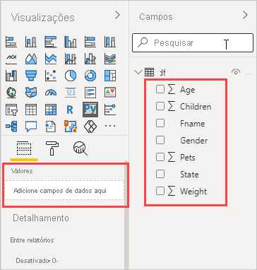 Captura de tela que mostra Arrastar para Adicionar campos de dados aqui.