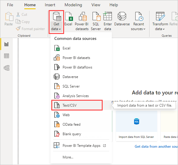 Screenshot shows the Get data option where you can select Text/CSV.