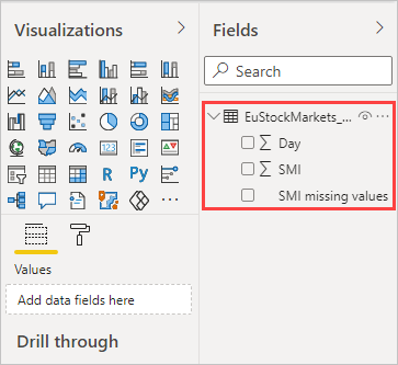 Screenshot shows data in the Fields pane.