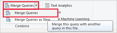 Captura de tela da lista suspensa Consultas de Mesclagem do Editor do Power Query com o item Mesclar Consultas realçado.