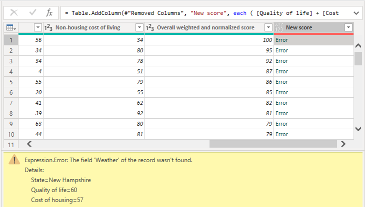 Captura de tela de Editor do Power Query mostrando a coluna Nova pontuação com detalhes do Erro.