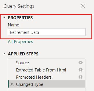 Captura de tela do Editor do Power Query mostrando como editar um nome de tabela em Configurações de Consulta.