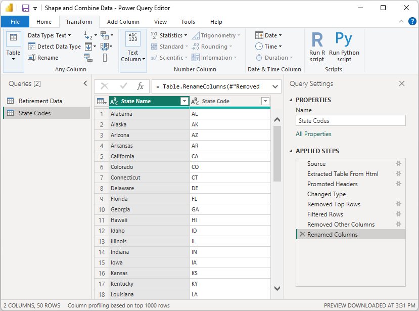 Captura de tela da janela Editor do Power Query mostrando os resultados da formatação de dados de origem de códigos de estado em uma tabela.