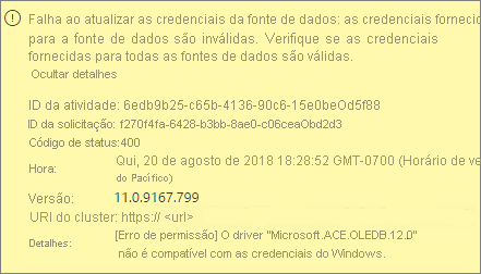 A captura de tela mostra uma mensagem de erro de credencial de fonte de dados.