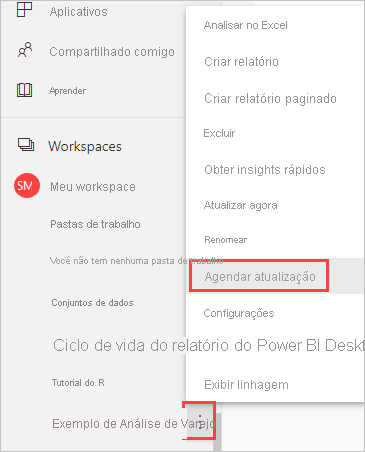 A captura de tela mostra a seleção de Agendar atualização no painel de navegação.