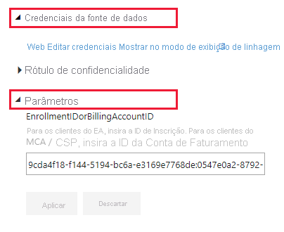 Captura de tela de Parâmetros de Credenciais da fonte de dados.