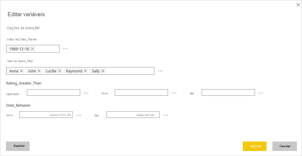 Captura de tela que mostra a caixa de diálogo Editar variáveis no serviço do Power BI.