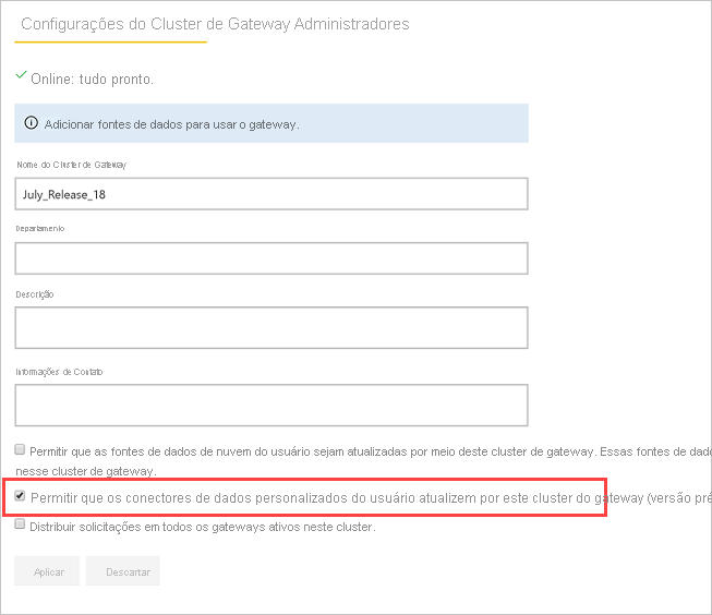 Screenshot that shows enabling custom connectors on the on-premises gateway Settings page.