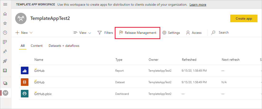 Screenshot that shows Release Management in the template workspace.