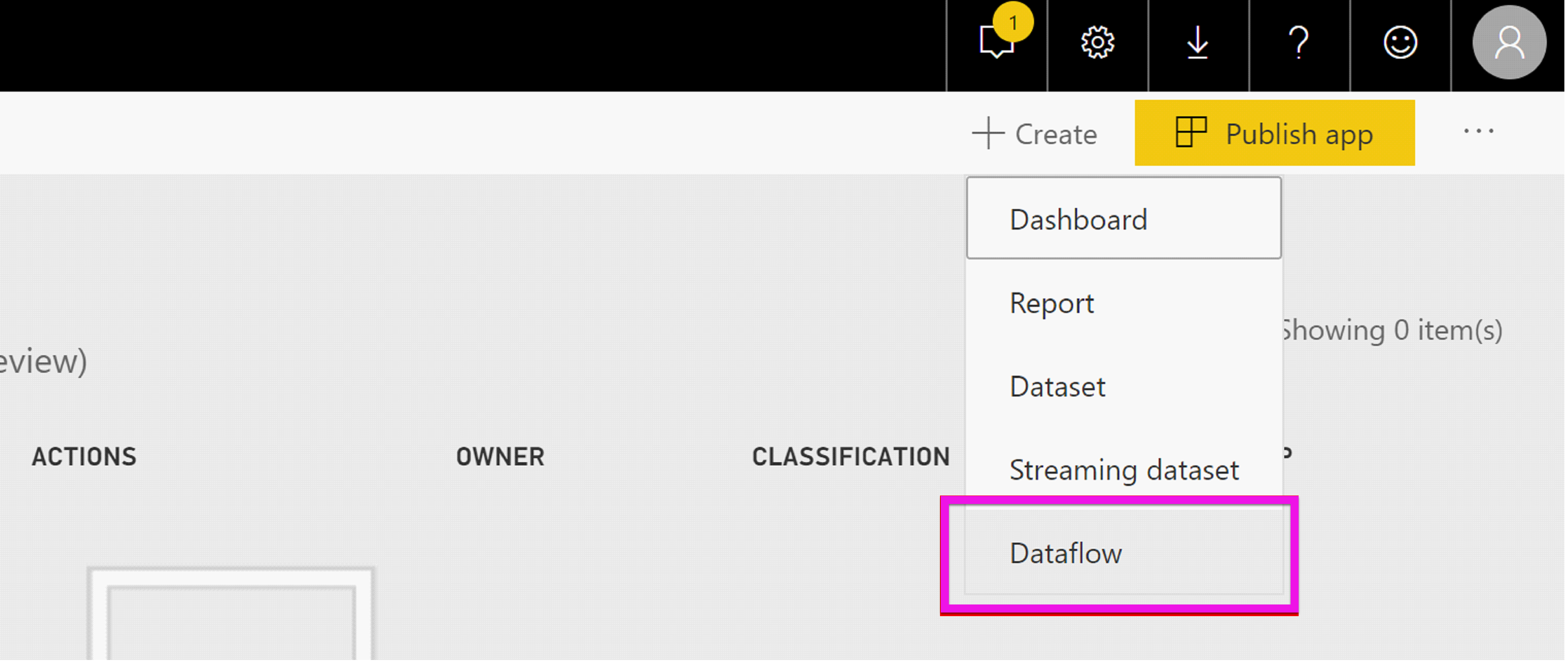 Screenshot shows the Power BI workspace with Create, then Dataflow, selected.