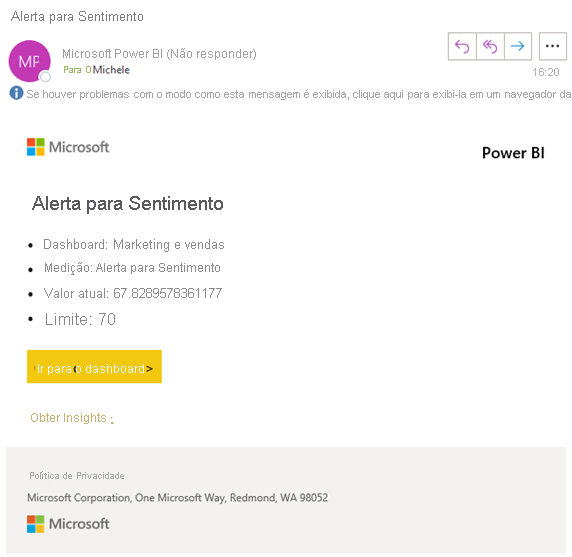 Captura de tela mostrando uma mensagem de email para o alerta Alerta de Sentimento. Um link na mensagem é rotulado Ir para o painel.