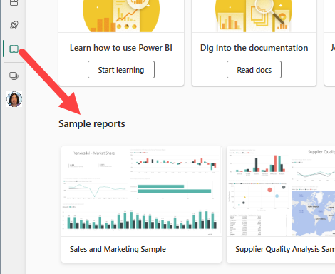 A captura de tela mostra os exemplos de relatório na página do Learn.