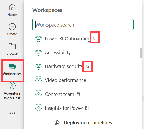 Captura de tela dos workspaces, com alguns exibindo ícones de diamante.